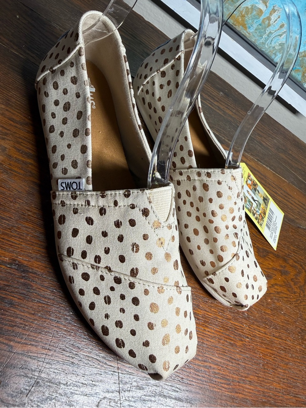 TOMS Beige Canvas Classic Slip-Ons with Rose Gold Polka Dots